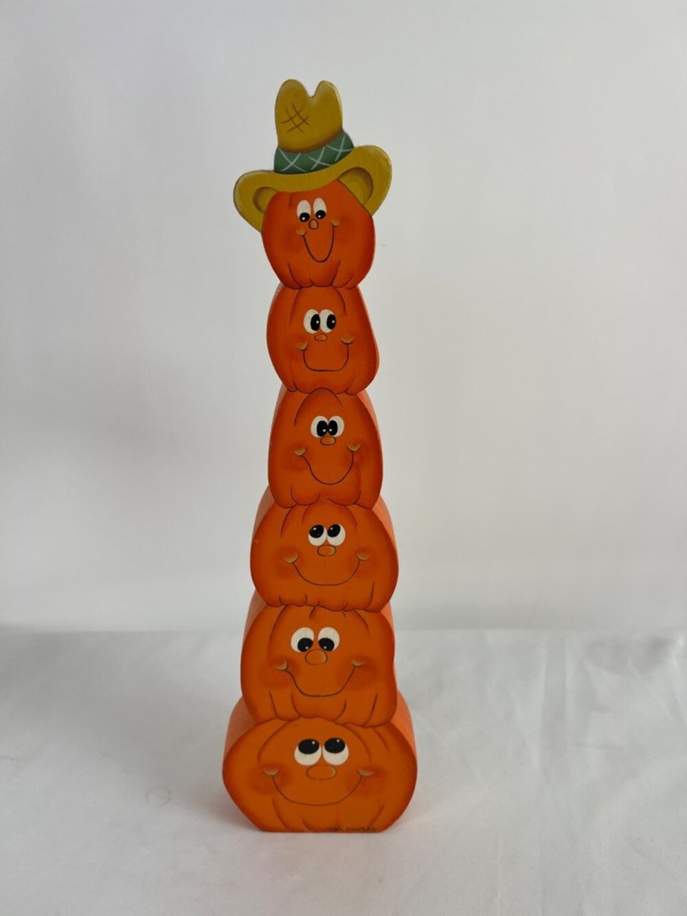 Hand-Painted Wooden Stacked Pumpkin Table Decor Signed 15" Halloween Fall Decora